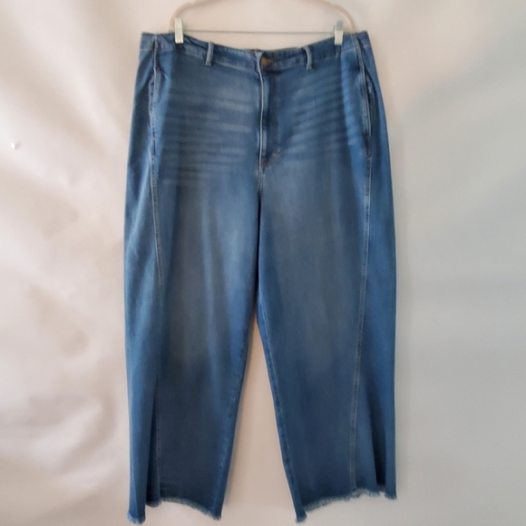 Hi-Rise Wide Leg Cropped Jeans Size 20 Tall Raw Hem Seamed Denim Stretch - Picture 3 of 13